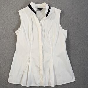 Misook Sleeveless Button Front Blouse Women's Small White with Black Collar Trim